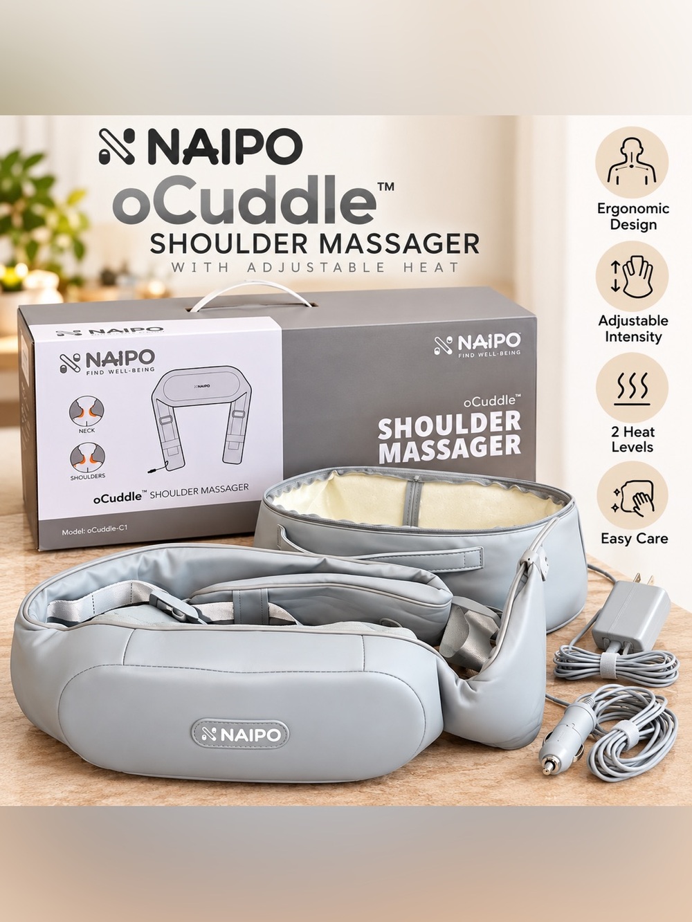 NAIPO oCuddle Shoulder & Back Massager with Heat + Carrying Case